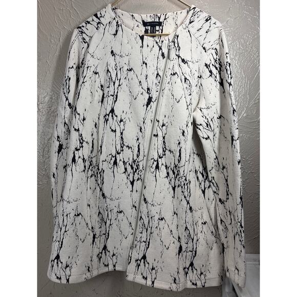 H By Halston Women's Ivory Black Long Sleeve Front Zip 2 Pocket Blazer Size 14 - Picture 3 of 4